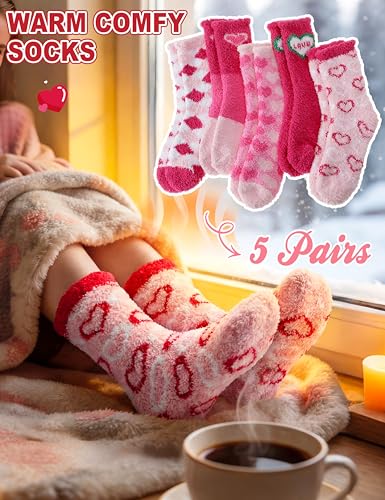 Image of Womens Fuzzy Socks Warm Fluffy Cozy Winter Slipper Thick Fleece Heart Socks 5 Pairs