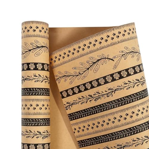 QIUMING Rollo de Papel de Regalo de 43 x 300 cm con diseño de Plantas en Pintura Negra para Regalos de cumpleaños, Papel Artesanal Vintage, graduaciones y compromisos.