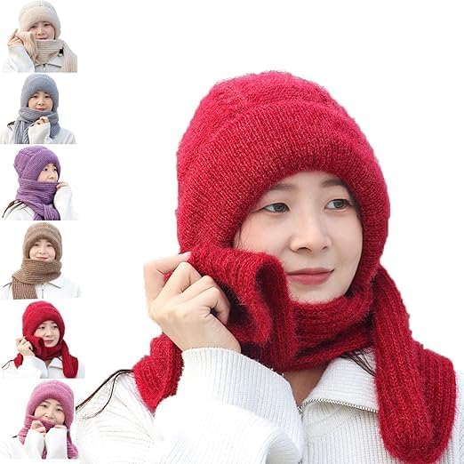 2-in-1 Winter Beanie Hat with Scarf – Warm Knitted Cap with Integrated Ear Protection, Windproof Stretchy Scarf Hat for Women (1Pc, Multicolor)