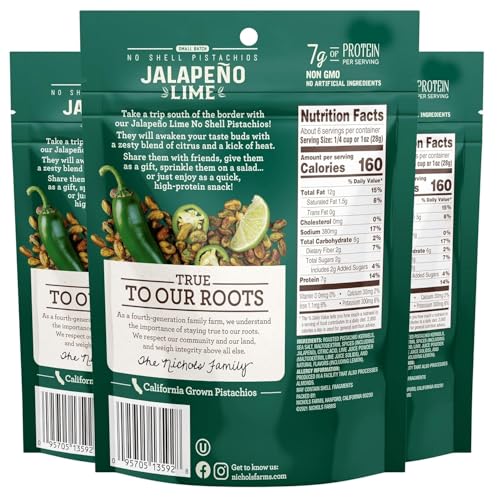 Image of Nichols Farms Pistachios - Fresh Roasted No Shell Pistachio - Nutrient Rich Nuts Snack Packs - Non-GMO, California Grown - Healthy, Wonderful Tasting, Party Snack - (Jalapeno Lime)