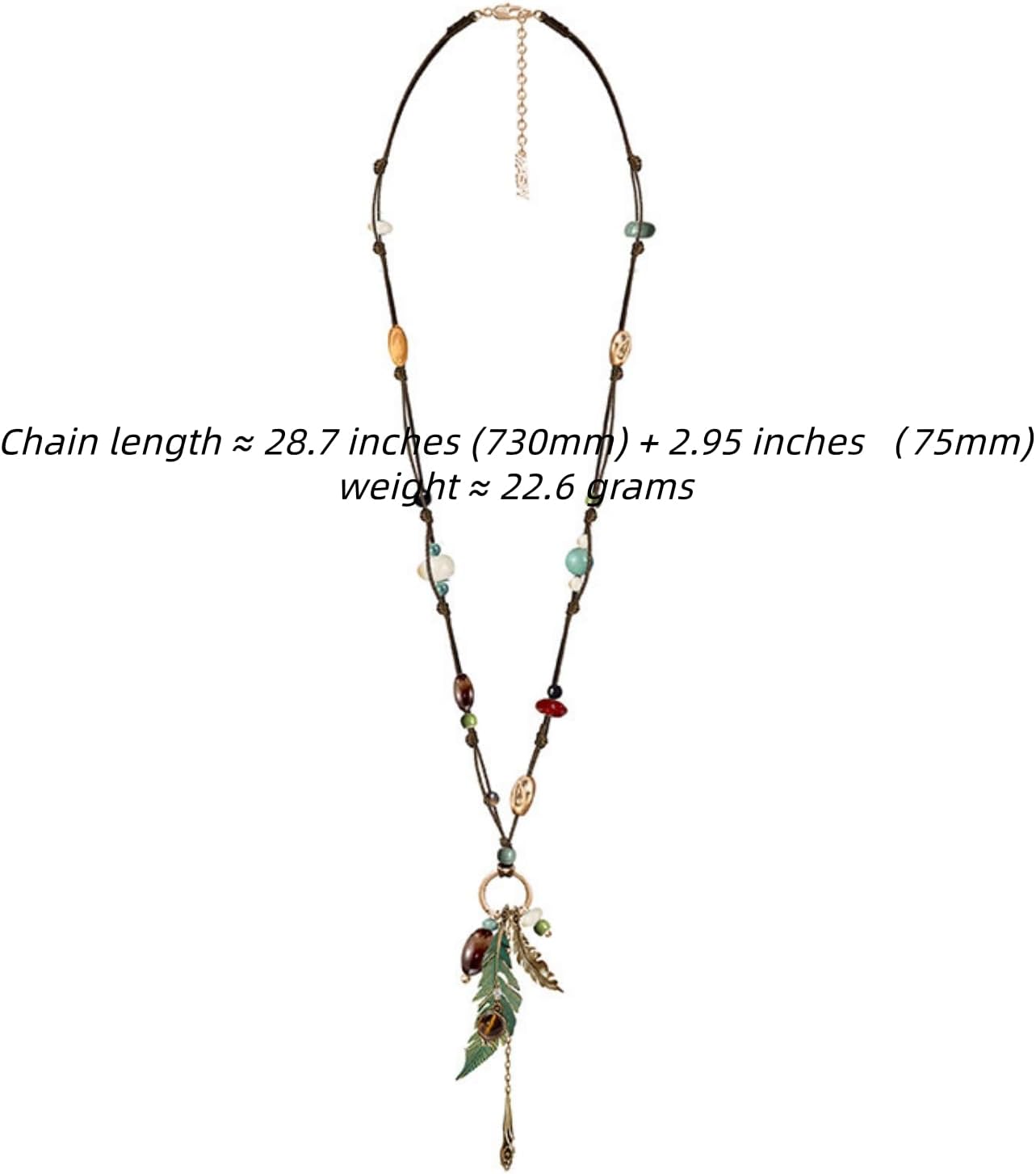 Bohemian Hippie Statement Jewelry, Retro Forest Green Feather Beaded Long Rope Necklace, Fashionable Women's Accessories M5068