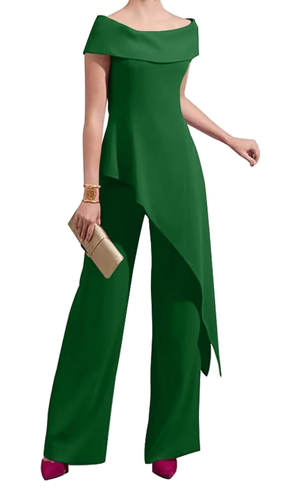 2 Pieces Mother of The Bride Pant Suits for Women - Off Shoulder Chiffon Long Grandmother Wedding Guest