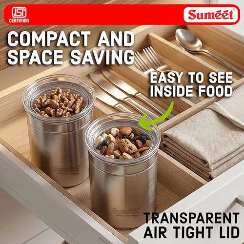 Image of Sumeet ISI Certified Stainless Steel Big Canisters /Dabba /Storage Containers for Kitchen with See Through Air Tight Lid - Set of 2 Pcs - 1100ml, 10cm Dia, Silver