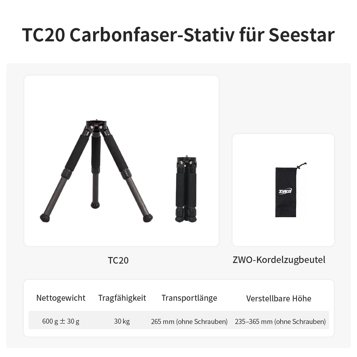 ZWO Seestar Stativkopf TH10 & Stativ TC20 für Seestar Smart-Teleskop, Fluidkopf für Äquatorialmodus, 360° Schwenk- und ±90° Neigefunktion, kompatibel mit DSLR-, System- und Videokameras TH10+TC20