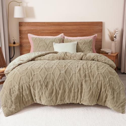PHF Warm Sherpa Fleece Queen Comforter Set, 3D Tufted Fluffy Khaki Bedding for Winter, Soft 3 Pieces...
