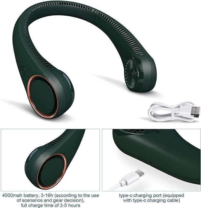 Image of TMY Portable Hanging Bladeless Neck Fan | Rechargeable Battery Operated Personal Fan | 3 Speed Wearable Cooling Fan | Hands-Free USB Neck Fan for Travel, Office, Outdoor & Gym (1305) (TMY17)