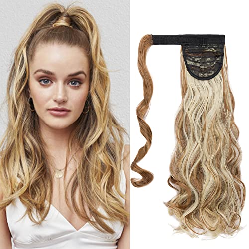 Cybelleza 50cm Postiche Queue de Cheval Extension Postiche Cheveux Naturel Queue de Cheval Ondulé bouclés Synthétiques Longue Ponytail Extensions de Cheveux a Clip pour Femme (Blond foncé& Blonde) Cover