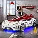 Cilek GTS Twin Size Kids Race Car Bed Frame for boys at age 2 to 12 Remote Controlled, LED Headlights, Engine Sound, Upholstered Headboard, Interior Padding, License Plate, White