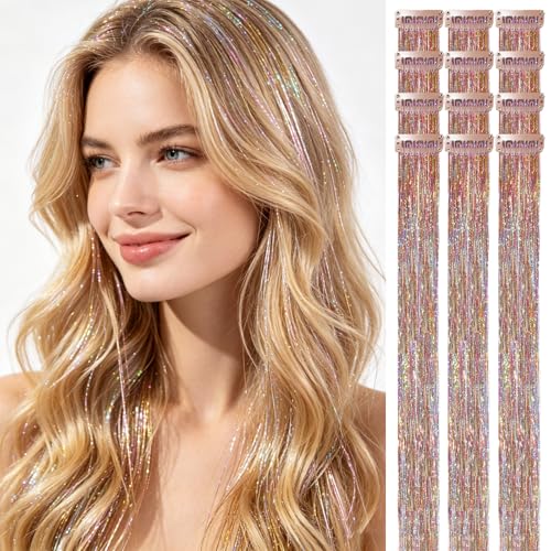Handwig Starlight Pink Glitter Hair 12 Pcs 24 Inch Clip In Hair Tinsel