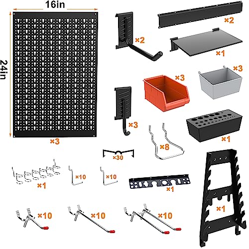 Image of TORACK Metal Pegboard Wall Organizer System for Garage, 109 PCS Pegboard Accessories Tool Organizer Kit with Pegboard Bins, Hooks, Tool Storage Peg Board for Workbench(Black)