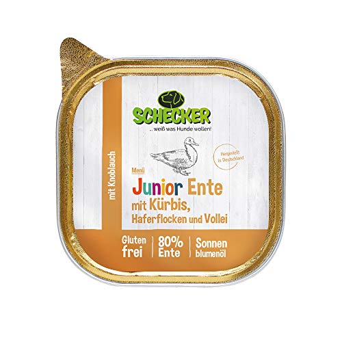 Schecker Nassfutter - Hundemenü Junior Ente mit Kürbis, Haferflocken und Vollei - 12 x 200 g - Welpenfutter - mit 80% Ente