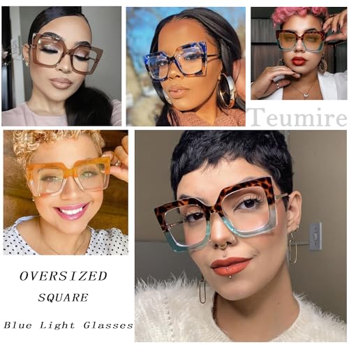Image of Oversized Square Blue Light Blocking Glasses for Women Thick Fashion Pearl Inlay Arm Eyewear Computer Eyeglasses