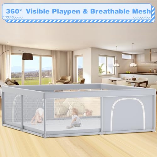 Image of XVISHX Baby Playpen, 79 x 79 Inch Play Pen, Playpen for Babies and Toddlers, Baby Playard for Indoor & Outdoor Active Center Game Fence, with Skin-Friendly Fabric and Soft Breathable Mesh Grey