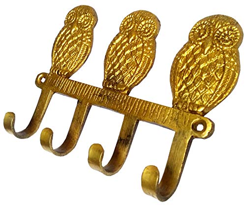 Purpledip Brass Wall Hooks 'Three Wise Owls': Vintage Design Decorative Hanger (11817), Golden, Medium - Image 2
