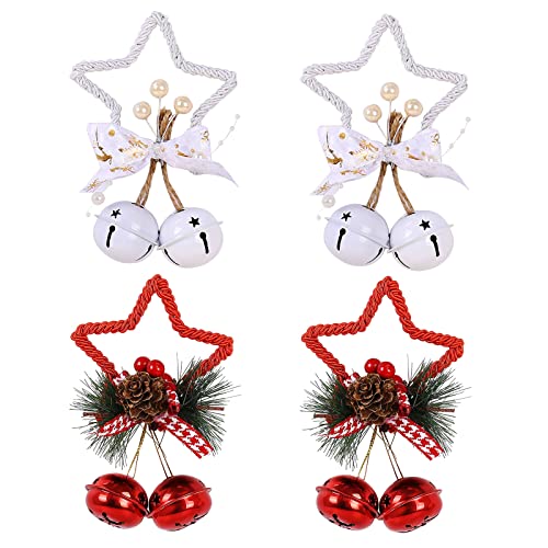 Weihnachtsglocken Ornamente 4er Set, Weihnachten Jingle Bells Dekorationen Anhänger mit Stern Beere Tannenzapfen für Weihnachtsbaum Hängen, Ornament Kranz, Indoor Outdoor Fenster Hängende Glocke Cover