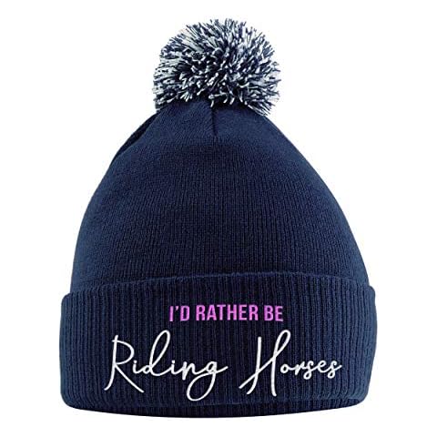 I'd Rather Be Riding Horses Hat - Bobble Beanie Hat - Horse Riding Gifts for Girls - Winter Beanie Hat with Horse Slogan Embroidered On The Front Navy Cover