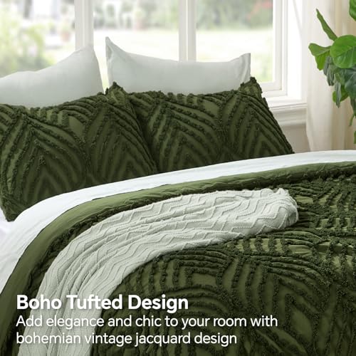Image of BEDELITE Boho Comforter Set King - Tufted Boho Bedding Set, Green | Soft & Lightweight Comforter for All Seasons, Jacquard Farmhouse Bedding with 2 Pillowcases