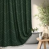 Siiluminisoy Dark Green Boho Shower Curtain with Tassel Woven Fabric Shower Curtain 72 x 72 Modern Farmhouse Textured Tufted Chevron Striped Minimalist Shower Curtains for Bathroom