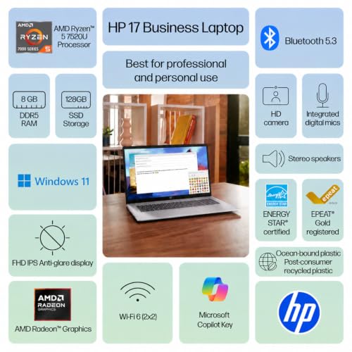 Image of HP 17.3 inch FHD Laptop Computer, AMD Ryzen 5 7520U, Large IPS Display, 8GB DDR5 RAM, 128GB SSD, Numeric Keypad, Long Battery Life, Home Office & Business Productivity, Windows 11
