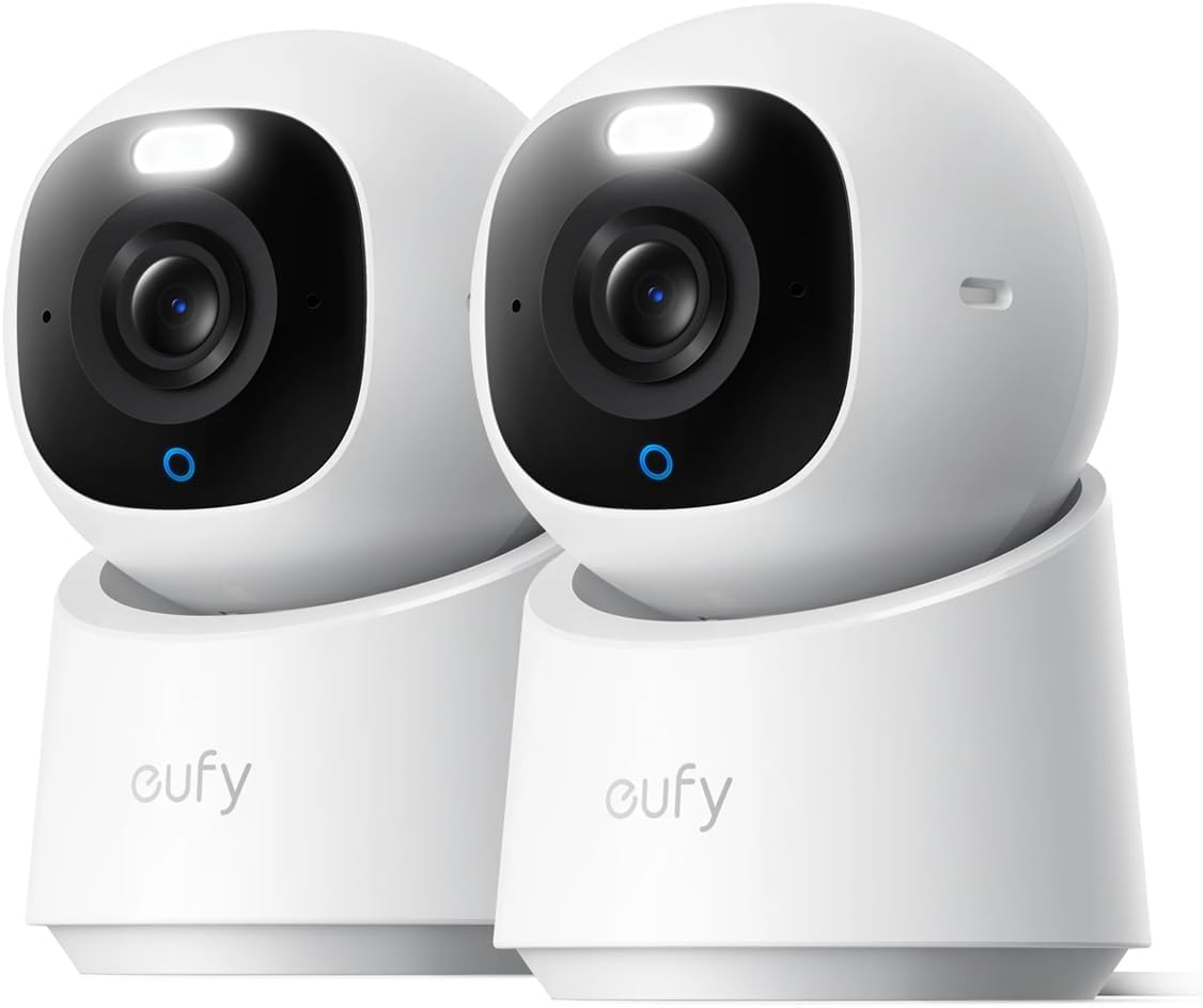 eufy Security E30 Camara vigilancia WiFi Interior, 2-Pack, 4K UHD, Detector IA de Humanos/Mascotas/Ruidos, Seguimiento automático, visión Nocturna, Rotación e inclinación de 360°