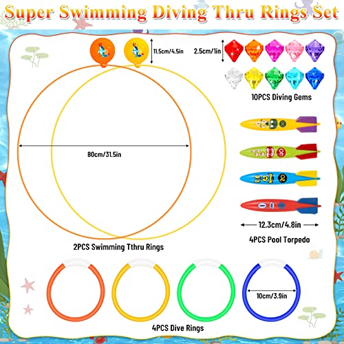 Cludoo 23PCS Pool Toys Games for Kids, No Assembly Stability Swim Thru Rings, Pool Diving Toys for Kids 3,4,5,6,7,8,9,10,11,12 Swim Pool Toys for Kids Teens Adults Include Pool Torpedos Diving Gems - Thumbnail 3