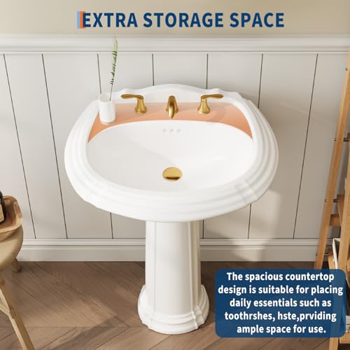 20 x 26 Inch Bathroom Pedestal Sink, Classic Freestanding Ceramic Sink with Overflow Hole, Vintage White Bathroom Sink with 3 Pre-Drilled Holes for 8 Inch Faucets