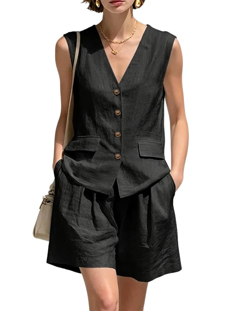 tictilily Ensemble Femme Lin Ete 2 Pieces Gilet Top à sans Manches Col V + Short à Taille Haute avec Poches Ensembles de Lin et Coton Tenue de Plage Casual