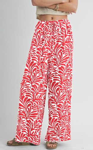 Image of PRETTYGARDEN Womens Pants Elastic Waist Floral Lightweight Palazzo Pants for Women Casual Lounge Wide Leg Pants Woman