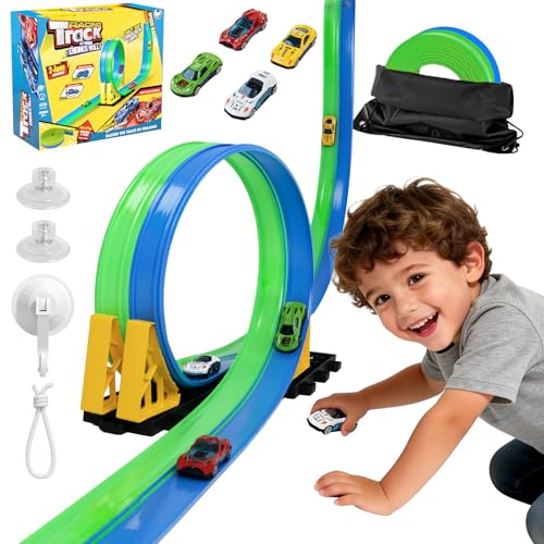 Tospino Flexible Autorennbahnen Kinder 4.5M Rennbahn Inklusive 4 Autos Tragbare Dual-Rennstrecke mit Rampen für 1:64 Autos Spielzeug Geschenk für Kinder ab 3+ Jahren Blau-Grün