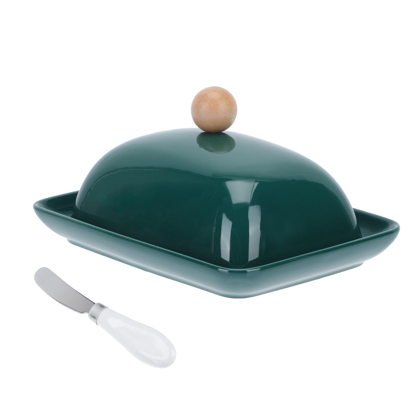 VOSAREA Beurrier avec Couvercle et Couteau Intégré en Céramique Vert Rectangulaire Plateau à Beurre Élégant , Pratique Repas Quotidiens