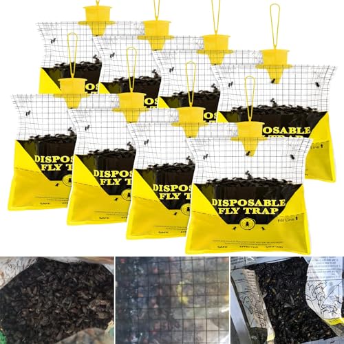 Glovv Fly Traps Outdoor Hanging with Fly Bait 8 Pack Disposable Bags Hunter Ranch Trap Pre-Baited Flies Bags Flies Control Bug Catcher Killer Repellent for Stable Horse Barn & Farm All Filth Flies