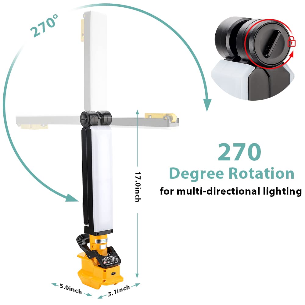 18V Lampe de Travail sans Fil à LED Lampe de Camping Compatible avec Dewalt 18V la Batterie au Lithium Lampe Clip avec Port USB pour l'entretien Automobile Éclairage de Grenier de Camping
