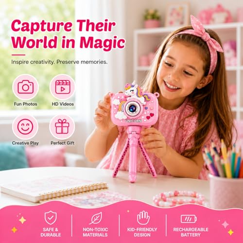 Image of Toy Imagine Unicorn Design Kids Digital Camera with Tripod 48MP HD Photos & 1080P Video Recording Filters,Frames & Inbuilt Games Birthday Gift for Boys & Girls Age 6-12 (Assorted) Card Not Included