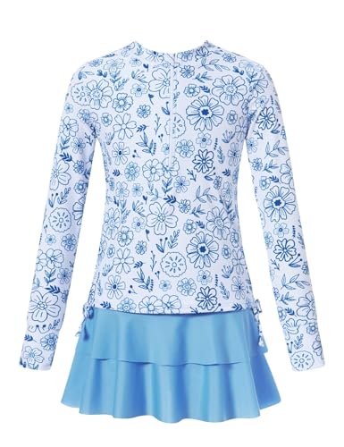 Image of Vogseek 3-12T Girls Rash Guard 2 Pieces Bathing Suit Long Sleeve Swimsuit Swimming Skirt with Shorts Swimwear