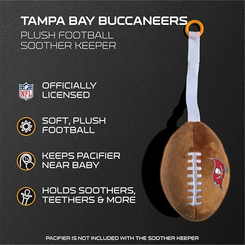 Image of Tampa Bay Buccaneers Plush Football Pacifier Holder by Smilo - Officially Licensed NFL Soother Holder - Soft Plush Toy and Dummy Holder - Fits Any Pacifier - Stroller Accessory & Newborn Essential