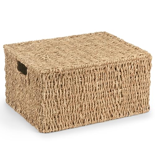 Woodluv Storage Boxes with Lids Woven Natural Seagrass Nesting Storage Baskets for Shelves Gift Hamper Basket | Shelf Hamper Organiser for Bathroom Bedroom Kitchen & Home Office XLarge