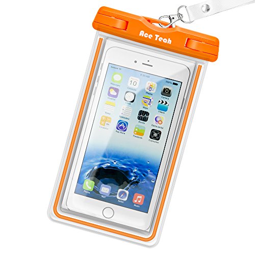 Waterproof Case, Ace Teah Clear Universal Waterproof Case, Dry Bag, Pouch, Transparent Snowproof Dirtproof Protective Cover for iPhone 8, 7, 6S, 6 Plus X Samsung Galaxy S7 S6 Edge, Note 5 4 - Orange