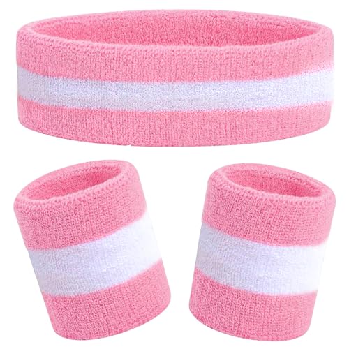 Kids Sweatbands Headband Wristband Set - Athletic Cotton Sweat Band for Sports - Ultimate Sweat-Absorbing 3-piece Set (1 Headband + 2 Wristbands) (Pink+White)