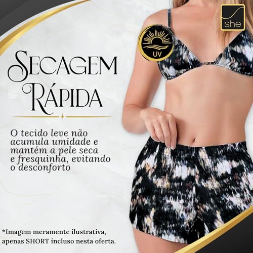 SHE BY MASH Short Praia Feminino Soltinho Estampa Desert Dryfast, Preto, G