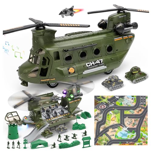 deAO Helicóptero Militar Juego de Juguetes, Helicóptero de Transporte con Luz y Sonido, Soldado del Ejército Figuras de Acción, Juguetes del Ejército Navidad Cumpleaños Fiesta Regalos para Niños