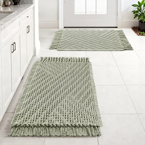 H.VERSAILTEX Waffle Bath Mat Super Absorbent Boho Bath Mat Non Slip Bath Rugs for Bathroom Floor Machine Washable Dry Fast Bathroom Rugs with Tassels (20 x 32 Plus 17 x 24 Inches, Sage)