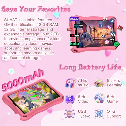 Image of Kids Tablet, Android 15 Tablets for Kids with Octa-Core, 9 inch Toddler Tablet with 12GB 32GB 2TB Expand, 1340*800 IPS Display, Drop-proof EVA Case, Parental Control, Dual Camera, WiFi 6 - Pink