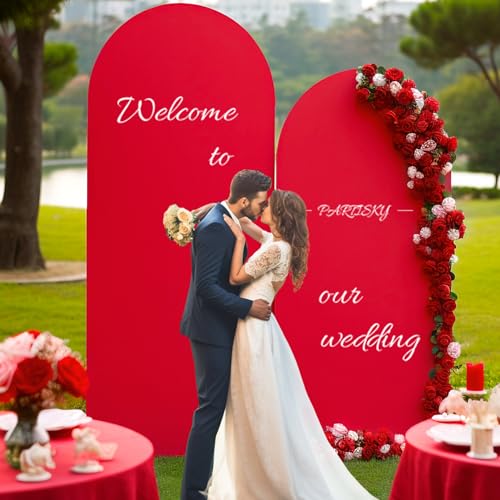 Image of 7.2FT Red Arch Backdrop Cover, Spandex Fitted Wedding Arch Stand Covers 2-Sided Round Top Chiara Stretchy Arch Backdrop Cover for Wedding Birthday Party Baby Shower Banquet Decoration