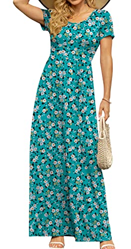 Image of DB MOON Womens Casual Plus Size Maxi Dresses Short Sleeve Empire Waist Long Dress with Pockets(Daisy Blue Green, XL)