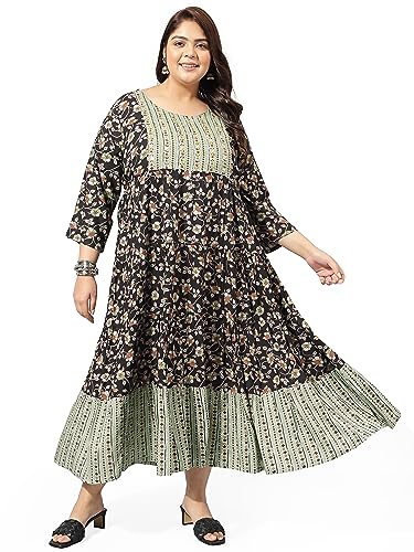 Image of MIRCHI FASHION Plus Size Women's Cotton Sequins Embroidered Foil Printed Anarkali Kurti
