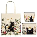 Shinylin 3 Pcs Black Cat Canvas Tote Bag Makeup Coin Purse Set Valentine's Day Reusable Grocery Canvas Shopping Cute Cosmetic Bag Aesthetic Portable Zipper Pouch Gift for Cat Lovers Women Teacher