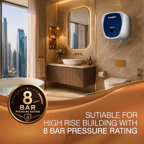 Image of Crompton Amica Pro 10L 5‑Star Storage Water Heater (Geyser) | Glassline Tank for Hard Water | Free Installation | 8 Bar High‑Rise Pressure | 5‑Level Safety | Rust‑Proof Body | 2kW Fast Heating