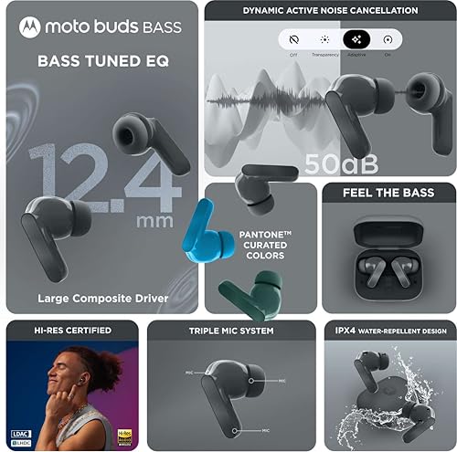 Image of Motorola Moto Buds Bass (Grey, TWS) | LDAC Hi-Res Sound | 12.4mm Drivers, 50 dB True ANC | 6-Mic Clear Calls | 41H Battery | IPX4 | BT 5.3 | Voice Assistant Support | Comfortable All-Day Fit