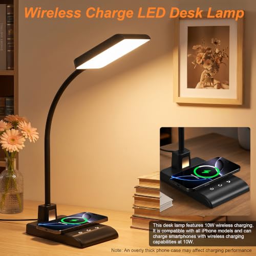 Desk Lamp with Wireless Charger, LED Desk Lamps for Home Office with Night Light, 3 Color Modes with Stepless Dimming, CRI 90+, 1000lm, 360° Flexible Arm, Eye-Caring Study Lamp for College Dorm Room — view 3