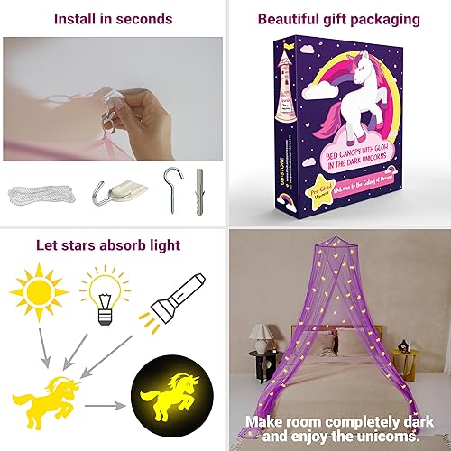 Image of Purple Canopy for Girls Bed with Pre-Glued Glow in The Dark Unicorns - Princess Mosquito Net Room Decor - Kids & Baby Bedroom Tent with Galaxy Lights - 1 Opening Canopy Bed & Hanging Kit Included